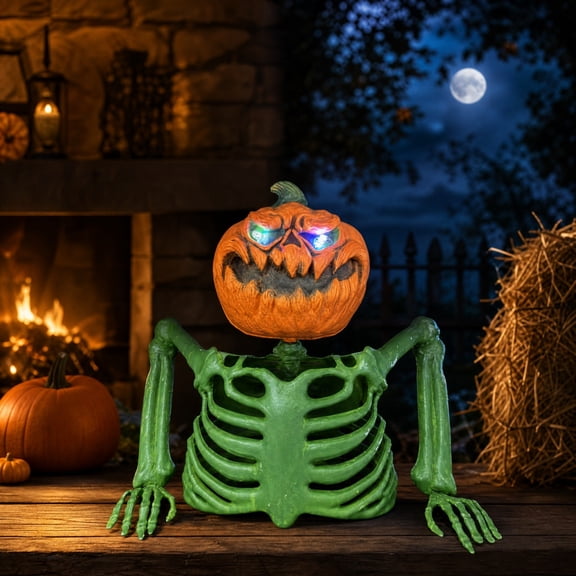 Halloween Glowing Bone Pumpkin Half-Body Statue Tree Bark Texture Yard Outdoor Prop
