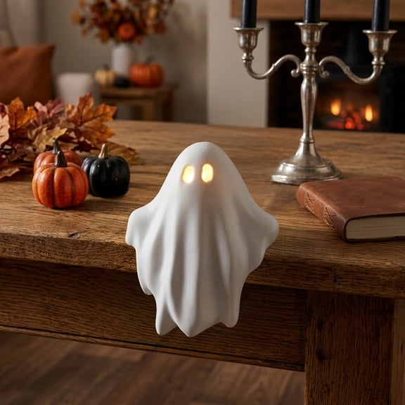 Halloween Glowing Ceramic Ghost Decoration, Warm Light Ghost Desktop Sculpture, LED Eye Ghost Statue for Party Fireplace Shelf Display