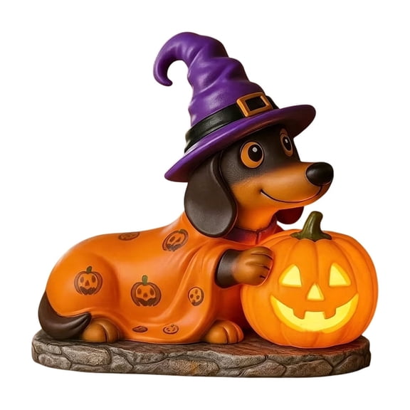 Halloween Glowing Dachshund Witch Pumpkin Night Light - Unique Resin Decoration for Home, ' Room, and Holiday Gifts - Soft LED Glow Ambiance for Indoor Scenes Multicolor
