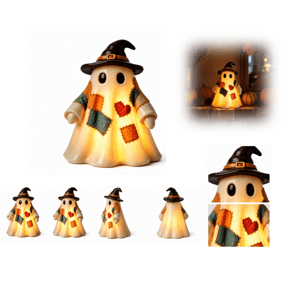 Halloween Glowing Ghost Decor: Vintage Patchwork Lighted Ghost Ornament, Soft LED Glow Witch Themed Luminous Decor, Rustic Seasonal Accent for Indoor Home Office Room Table Display