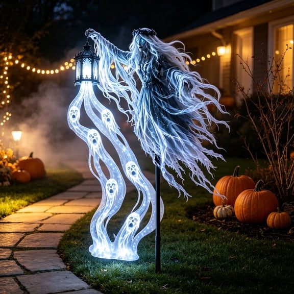 Halloween Glowing Ghost Soul Harvester Garden Light with Solar Powered Animated Lawn Stake,Ghost White LED Flowing Effect for Spooky Outdoor Yard Cemetery Decor,1 PC