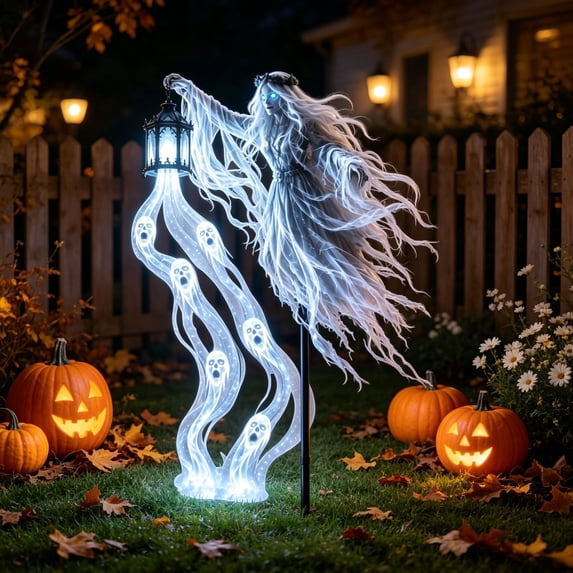 Halloween Glowing Ghost Soul Harvester Garden Light with Solar Powered Animated Lawn Stake,Ghost White LED Flowing Effect for Spooky Outdoor Yard Cemetery Decor,2 PC