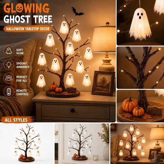 Halloween Glowing Ghost Tree Tabletop Decor, Halloween Bare Branch Tree with Hanging Ghost Ornaments Pumpkin Base, Spooky Centerpiece Decor for Mantel Table Home Party Indoor Decoration