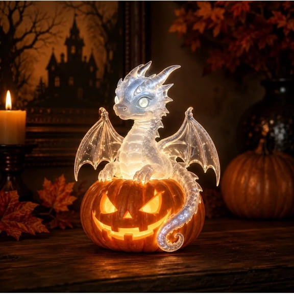 Halloween Glowing Ice Dragon on Jack-O-Lantern Spooky Fantasy Figurine Light Up Tabletop Decoration 15cm