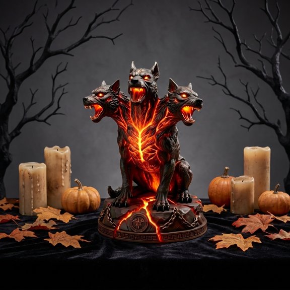 Halloween Glowing Night Light, Hell Three-Headed Dog Resin Figurine with Lava LED Light, Halloween Mythical Desktop Ornament for Home Bookshelf Mantel Decor