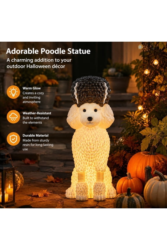 Halloween Glowing Poodle Dog Garden Statue – Light Up Resin Poodle Figurine with Hat – Fall Yard Patio Outdoor Decor