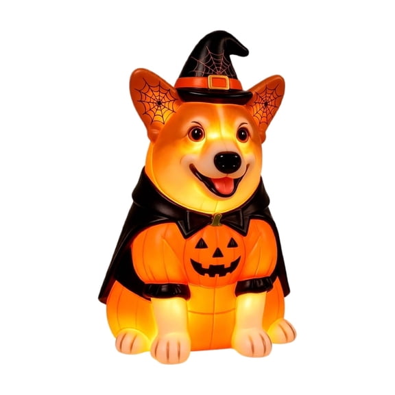Halloween Glowing Pumpkin Corgi Figurine with Light, Cute Dog Sitting on Pumpkin Lamp for Tabletop Shelf Decor, Spooky Cozy Ambient Light for Halloween Party and Holiday Home Decoration