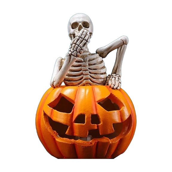 Halloween Glowing Pumpkin Skull Decor – Creative Desktop Jack-O’-Lantern Skeleton Figure, LED Light Up Halloween Decoration for Table, Mantel, Office, Indoor Display, Party, Home Halloween Accent