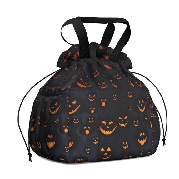 Halloween Glowing Pumpkins Pattern Drawstring Lunch Bag Women - Drawstring Lunch Bag Insulated for Work Office - Stain-Resistant Large Lunchbags for Women with Multi-Pockets