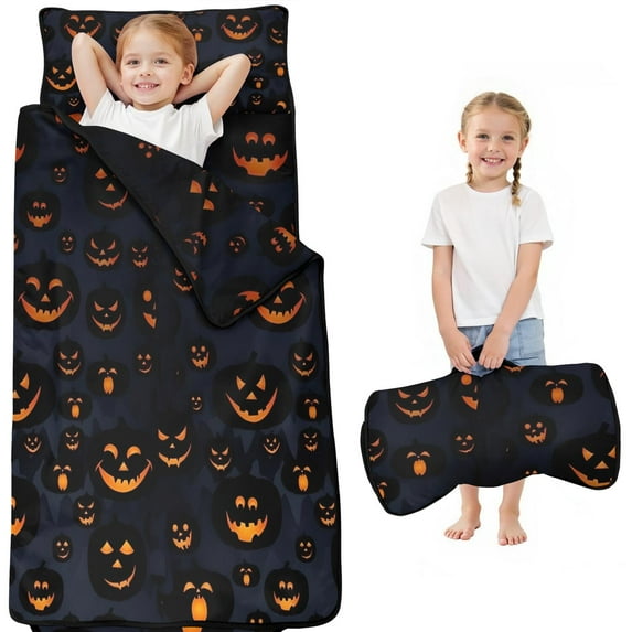 Halloween Glowing Pumpkins Pattern Toddler Nap Mats for Kids Preschool,51"x22" Sleeping Mat Bag or Kids,Toddler Sleeping Bag,Toddler Nap Mat or Daycare