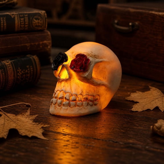 Halloween Glowing Rose Skull Decor with LED Light Rose Flowers Skeleton Head Resin Statue Gothic Night Light Ornament for Bedroom Tabletop Shelf Display Gift