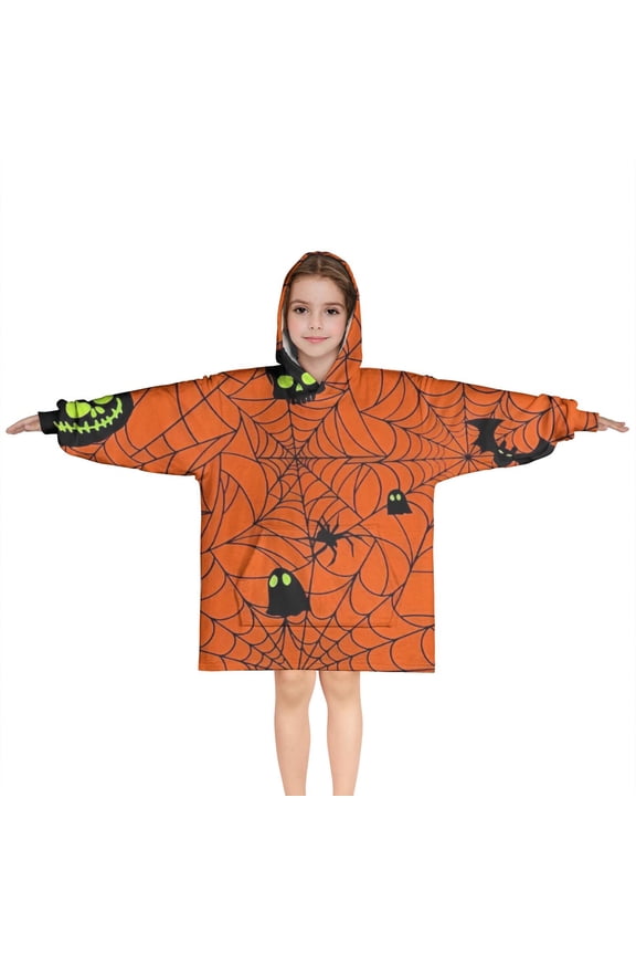 Halloween Glowing Spider Web Pattern Blanket Hoodies for Kids 6-13YR Oversize Wearable Blanket Hoodies for Boys Girls Teens