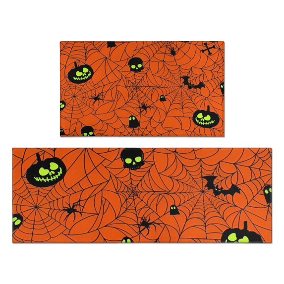 Halloween Glowing Spider Web Pattern Kitchen Rugs Sets Of 2,Anti Fatigue Kitchen Mat Rugs Non Slip Washable,Decorative Kitchen Floor Mats for Kitchen,Sink,Laundry,17"x30"+17"x47"