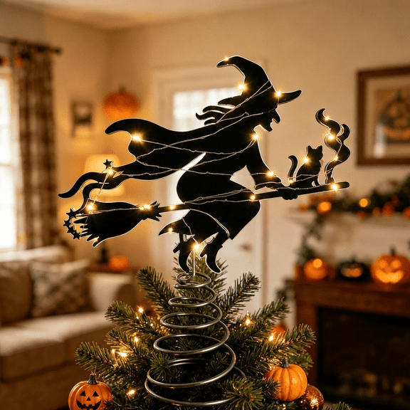 Halloween Glowing Witch Tree Topper, 24CM Light Up Outdoor Decoration Battery Powered for Haunted House Party Yard Lawn