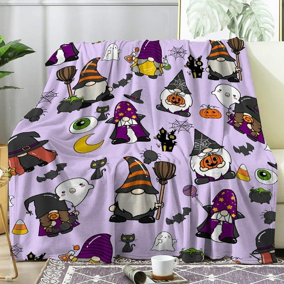 Halloween Gnome Blanket Gift for Boys Girls, Ghost Spooky Throw Blanket Gifts for Kids Bat Black Cats Decor Spider Webs Bat Plush Soft Lightweight Flannel Fleece Witch''s Hat Skull Blankets 50x40In