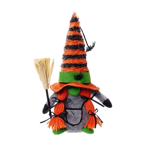 Halloween Gnome Decor Striped Witch Hat and Broomstick 11 Inch Faceless Plush Doll for Fall Home Mantel Shelf Display and Halloween Party Supplies