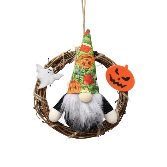 Halloween Gnome Decor Wreath Grapevine Base Fall Door Hanging Plush Beard Pumpkin Bat Home Decor