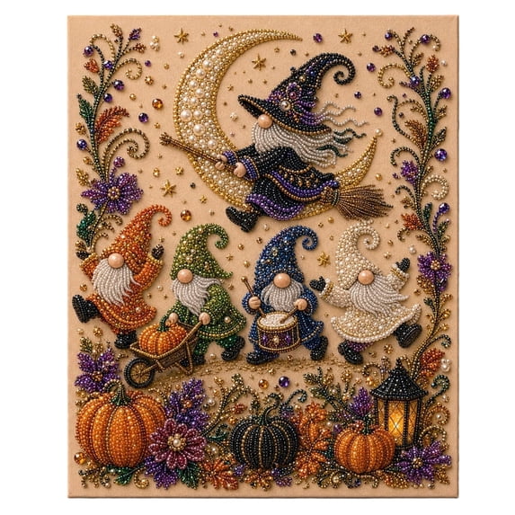 Halloween Gnome Diamond Art DIY Kit with Built-in Frame, 15.75 x 11.81 Inch 3D Pearl and Gem Painting Craft Set for Adults, Holiday Wall Decor and Creative Gift