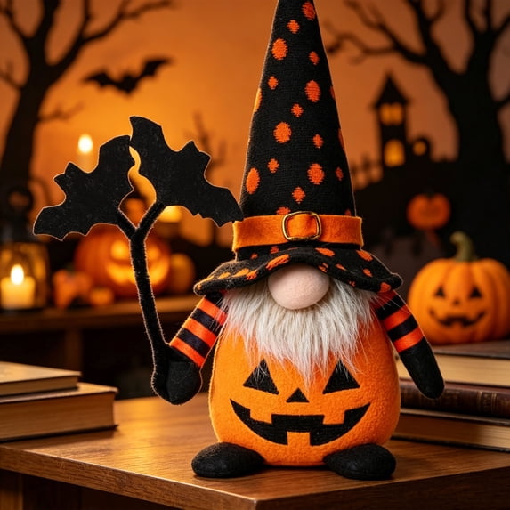 Halloween Gnome Figure, Faceless Dwarf Doll with Ornament, 2 Styles Male Female Stuffed Gnome Toy, Holiday Souvenir Decor, Festive Pumpkin Gnome Set, 5.5" x 11.4", Lazyguy