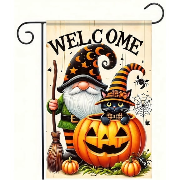 Halloween Gnome Garden Flag Double Sided Black Cat Pumpkin Welcome Yard Flag 12 x 18 Inch Seasonal Outdoor Decoration