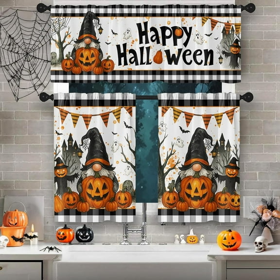 Halloween Gnome Kitchen Window Curtains and Valances Set 36 Inch, Pumpkin Buffalo Plaid Short Tier Curtain for Cafe Living Room Bathroom, Happy Halloween 3 Pieces Set Kitchen Decor