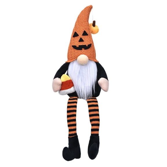 Halloween Gnome Plush Doll with Pumpkin Hat Candy Corn Scandinavian Tomte Elf Table Ornament for Fall Holiday Indoor Display