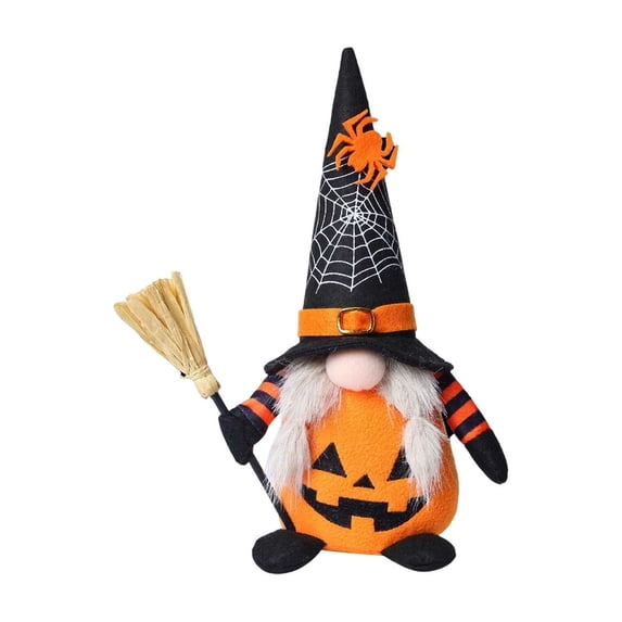 Halloween Gnome Plush Dressed in Pumpkin Outfit, Spooky Faceless Doll Ornament with Tall Witch Hat and Wand, Soft Fabric Swedish Tomte Elf Figurines for Table Tiered Tray Home Office Decor, B