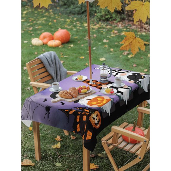 Halloween Gnome Pumpkin Black Cat Spiders- Hall Ween Outdoor Tablecloth - 60"x84" Rectangle Table Cloths - Washable Table Cover with Zipper and Umbrella Hole for Patio Garden Picnic