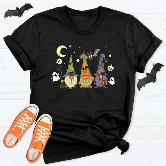 Halloween Gnome T-Shirt，Funny Halloween Graphic Tee Tops for Women，Comfortable and breathable，Round neck，Cute，cotton，black，S-5XL
