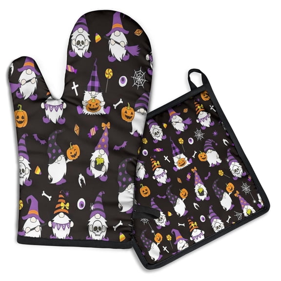 Halloween Gnome Witches with Spooky Elements Kitchen Oven Mitt and Pot Holder Sets 2 Pcs for Baking, Cooking and Grilling, Heat Resistant Up To 392 °F