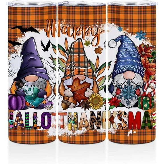 Halloween Gnomes Gifts for Women Boss Fall Thanksgiving Christmas Coffee Mug with Lids Skinny Straight Tumbler Stainless Steel Water Glasses Tea Cup Cups for Hot and Cold Drinks Gnome Gifts