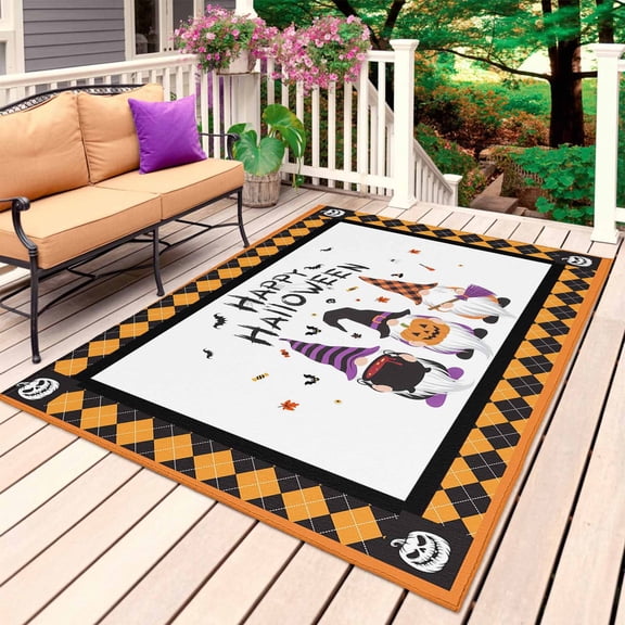Halloween Gnomes Outdoor Rug 3x5 Ft, Non Slip Washable Area Rug, Spooky Pumpkins Orange Black Plaid Patio Rugs Carpet Runner, Large Floor Mat for Indoor/Outdoor Deck Porch Camping