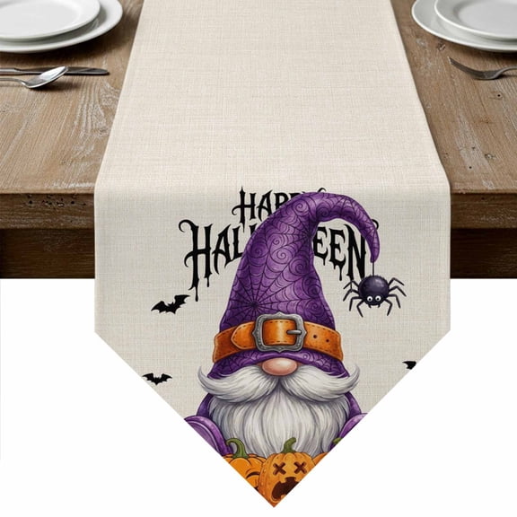 Halloween Gnomes Table Runner Linen Burlap Table Runner 36 Inches Small Evil Skull Pumpkins Horror Bat Dresser Scarves for Kitchen Island Coffee Dining Room Party Wedding Holiday Decor 13"x36"