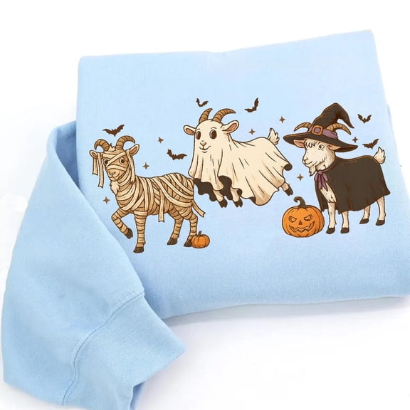 Halloween Goat Sweatshirt Funny Goat Mummy Witch Ghost Spooky Farm Animal Fall Goat Lover Gift Light Blue