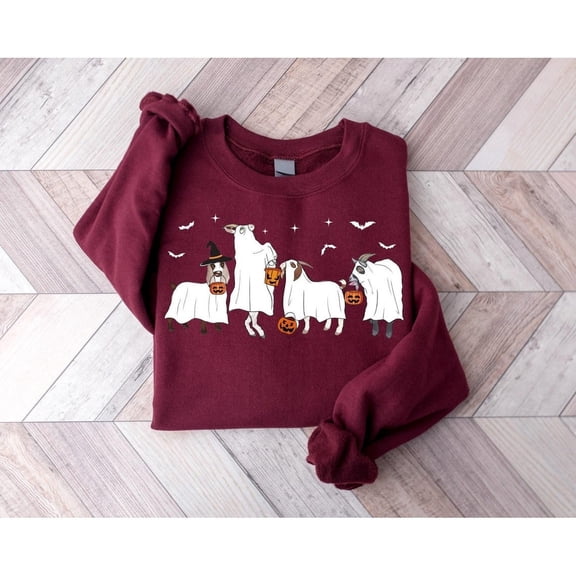 Halloween Goat Sweatshirt Ghost Spooky Goat Lover Funny Halloween Animal Fall Gift Maroon