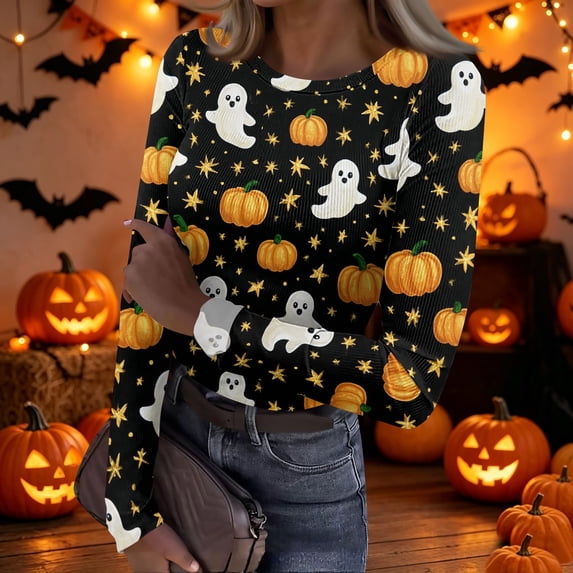Halloween Going Out Tops for Women Long Sleeve Slim Fitted Ribbed Funny Pumpkin Ghost Tunic Blouse Party Crew Neck Spring Day Fashion Clothing Yellow L