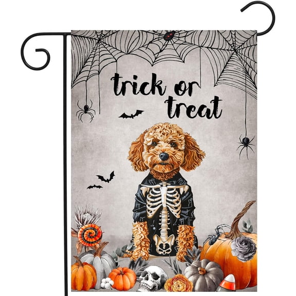 Halloween Golden Doodle Garden Flag Trick or Treat Yard Flag Ghost Dog Garden Flags for Outside 12x18 Double Sided Small Dachshund Skeleton Halloween Decor Outdoor Lawn Welcome Flag