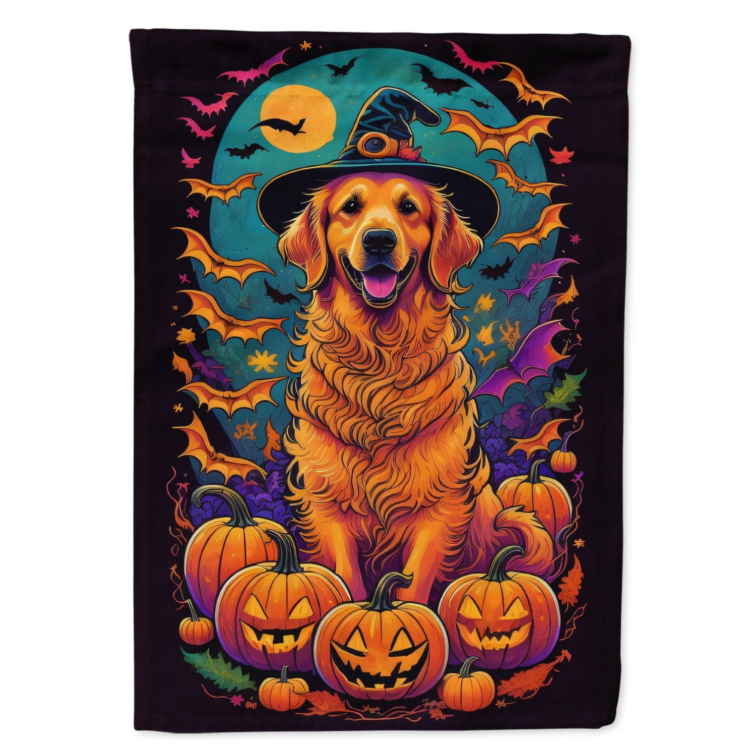 Halloween Golden Retriever Dog House Flag 28x40IN Double-Sided Polyester Decorative Sleeve Pole Flag for Outdoor Home Garden
