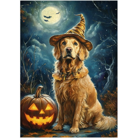 Halloween Golden Retriever Puzzles 500 Pieces for Adults - Pet Pumpkin Costume Portrait Halloween Gift for Golden Retriever Owner - Funny Challenging Jigsaw Puzzle Perfect for Game Nights