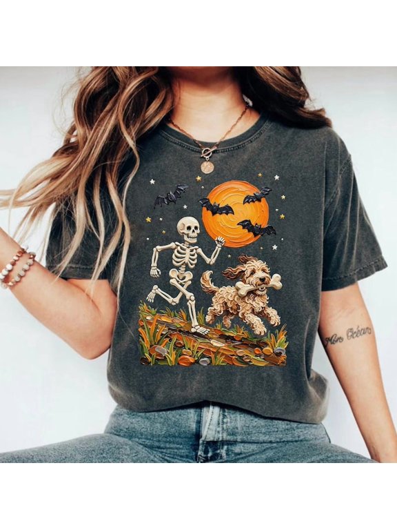 Halloween Goldendoodle T-Shirt, Skeleton Running Dog Graphic, Spooky Fall Pet Lover Gift