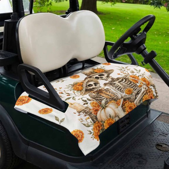 Halloween Golf Cart Seat Covers, 51" x 31" Universal Golf Cart Accessories for Men Women, Vintage Skeleton Couple Figures Orange Floral Golf Cart Seat Towel Fits 2Seat Carts