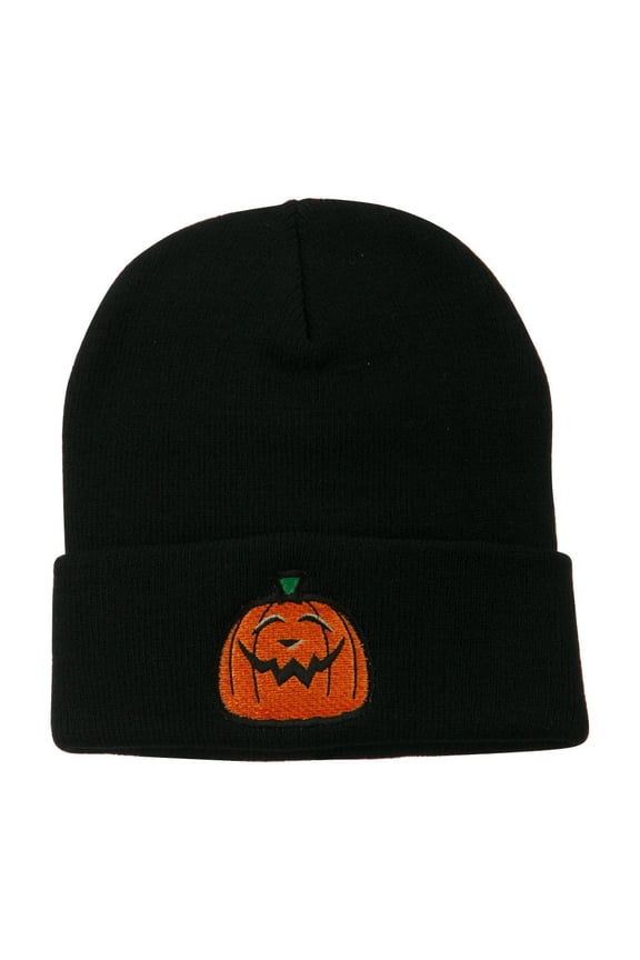 Halloween Goofy Jack o Lantern Embroidered Long Beanie - Black OSFM