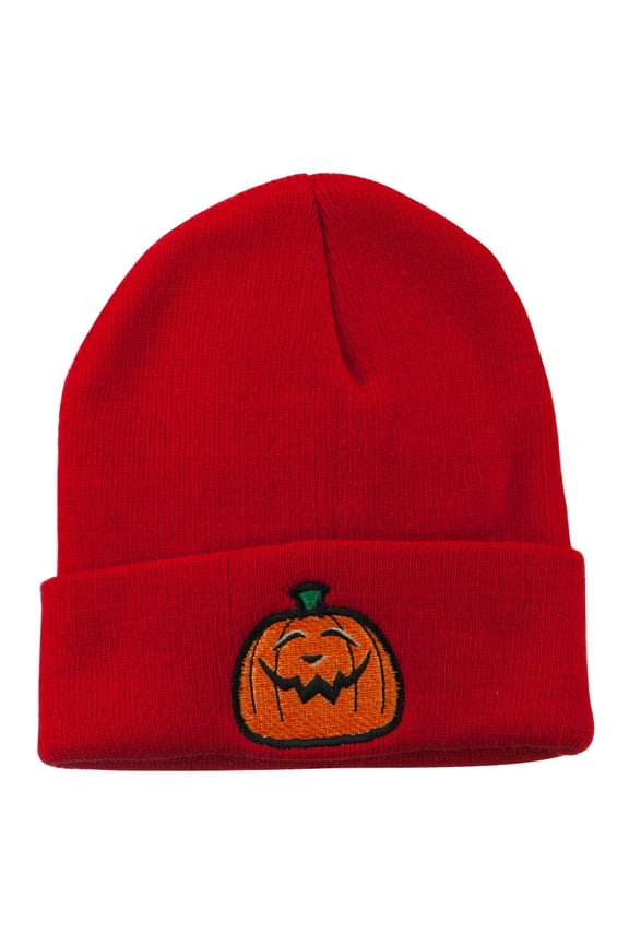 Halloween Goofy Jack o Lantern Embroidered Long Beanie - Red OSFM