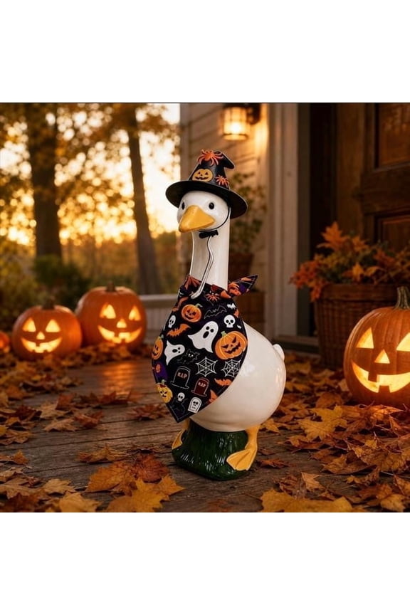 Halloween Goose Costume Set, Skull Print Porch Outfit, 2Pcs Witch Hat & Triangular Bandana Kit, Adjustable Elastic Property, Spooky Festive Decor for Outdoor Garden Yard Lawn Porch Halloween Gift