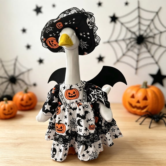 Halloween Goose Costume for 23 Inch Large White Geese - Pumpkin Witch Dress Outfit with Hat & Bat , Clothing Only for Courtyard Decor