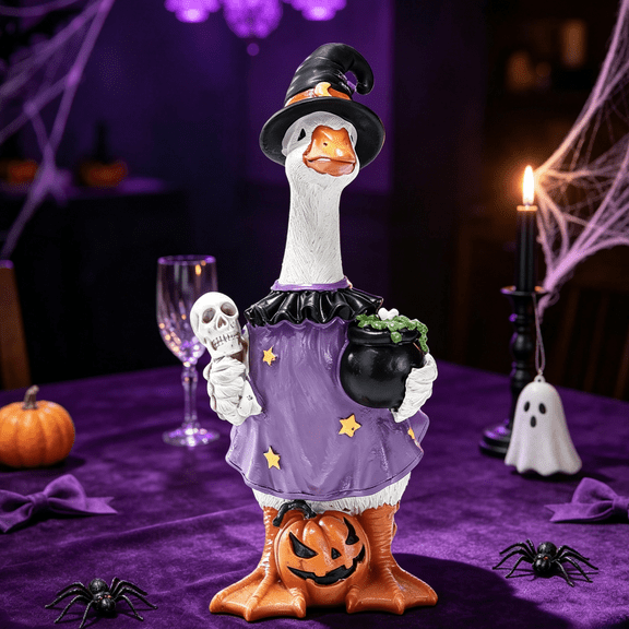 Halloween Goose Decorations Witch Hat Pumpkin Dress Resin Goose Figurine, Cute Spooky Tabletop Mantel Home Decor