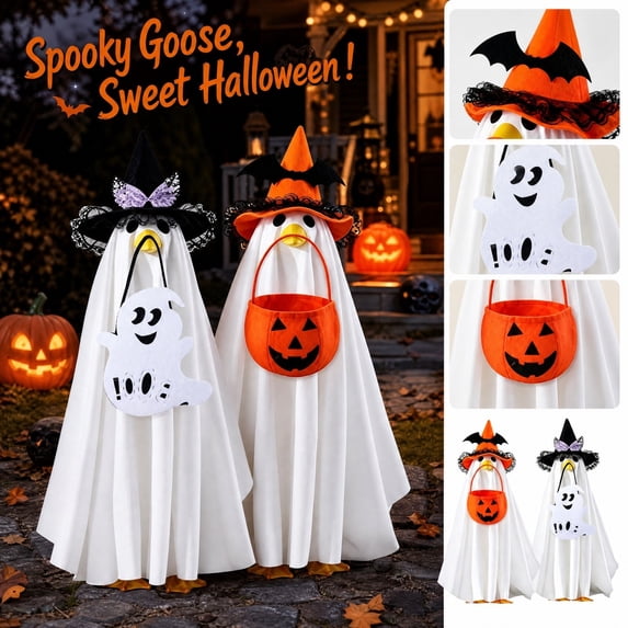 Halloween Goose Outfit,Ghost Porch Goose Clothes, Fall White Pumpkin Goose Costume Suitable For 29 Inch Goose Statue, Holiday Outdoor Patio Yard Lawn Porch Decor,Seasonal Farmhouse Ornament Accessory
