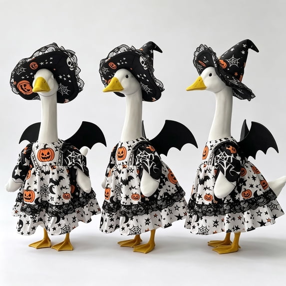 Halloween Goose Outfit for Porch Goose, Pumpkin Bat Print Goose Outfit with Hat & Bat Wings, Festive Holiday Costume Accessories for 23 Inch Goose Statue