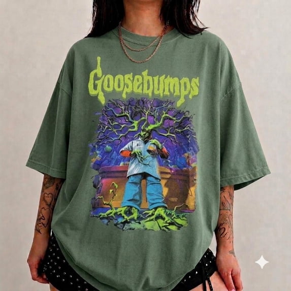 Halloween Goosebumps T-Shirt, Vintage Haunted House Tee, Goosebumps Movie Horrorland Shirt,Military Green Color,Size 3XL