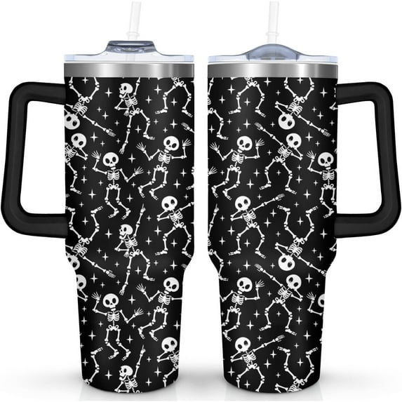 Spooky Gothic Skeleton Tumbler, 40 oz Stainless Steel Double-Wall Insulated Travel Mug with Lid, Handle & Straw - Halloween Unisex Gift